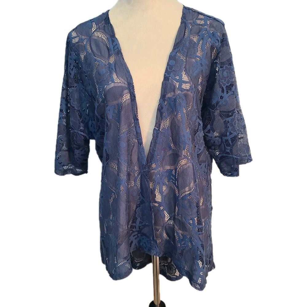 LuLaRoe Lindsay Lace Kimono Cardigan S Blue Floral Sheer Boho Romantic Wrap